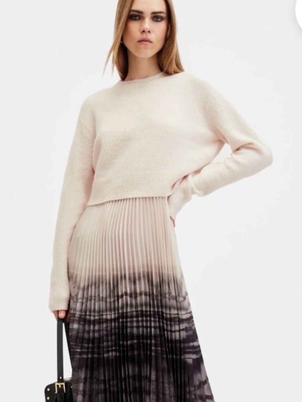 AllSaints Pleated Ombre Maxi Skirt in Cream and Black